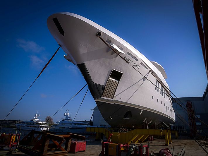 Amels 20003 yacht hull arriving in Vlissingen for outfitting