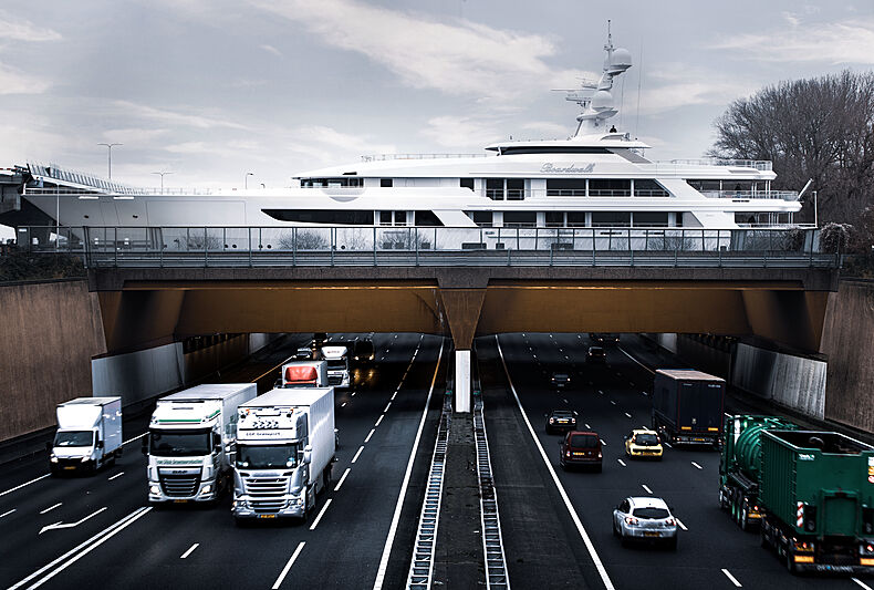 Boardwalk yacht by Feadship under transport