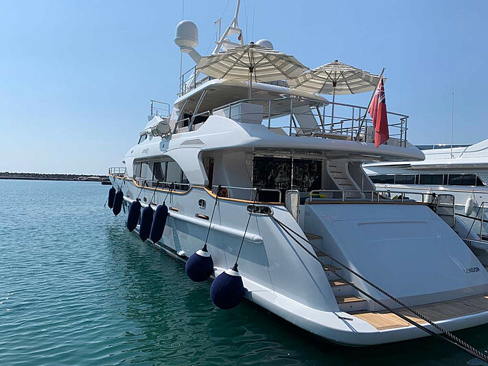 Serenity Mia yacht docked in marina