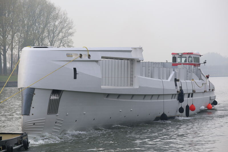 Sparta yacht hull on transport