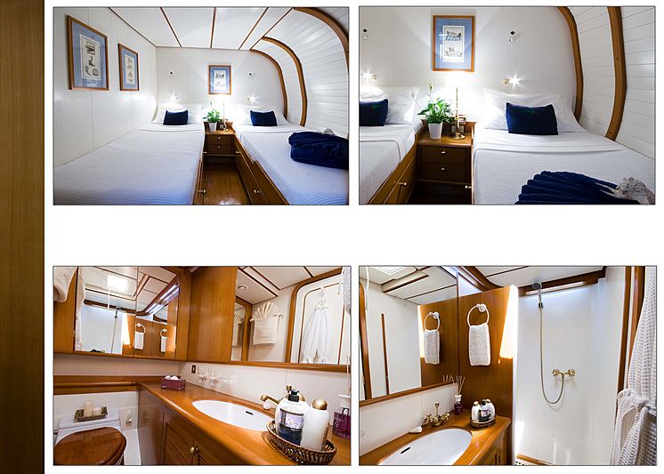 Baiurdo VI yacht twin cabin and bathroom